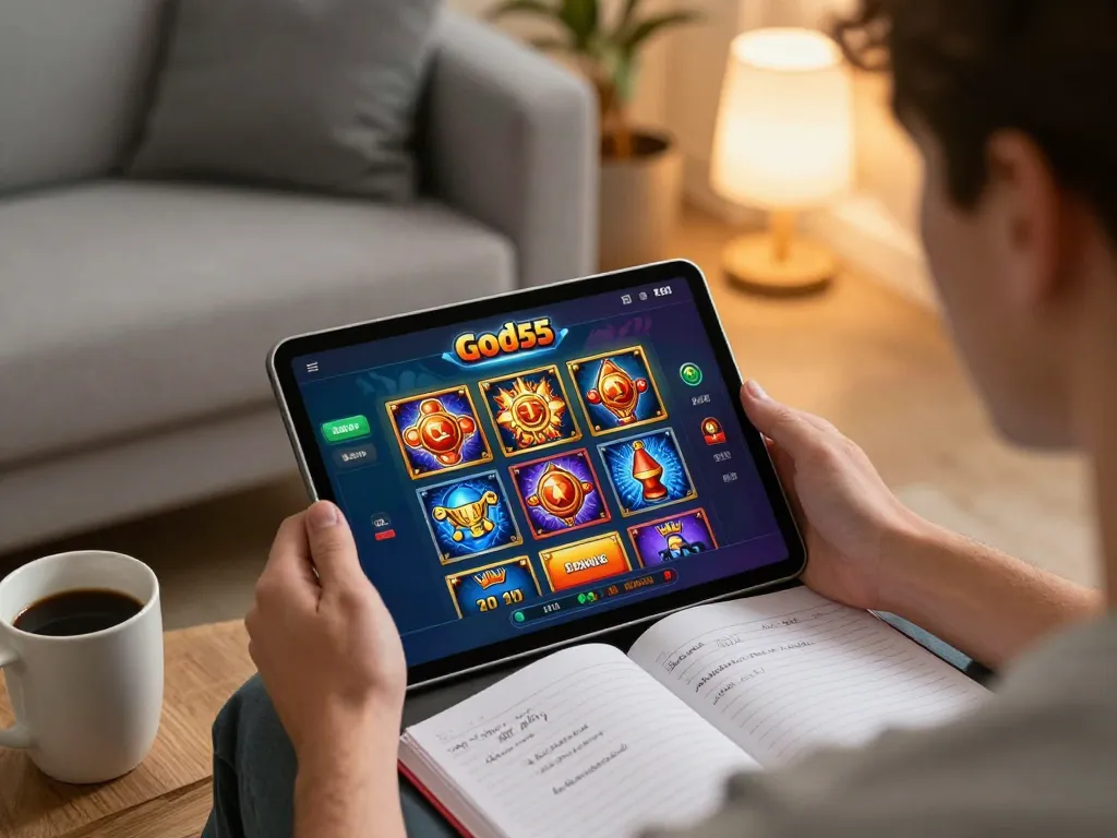 Engaging gaming session on the god55 app showcasing vibrant slots and strategic notes.