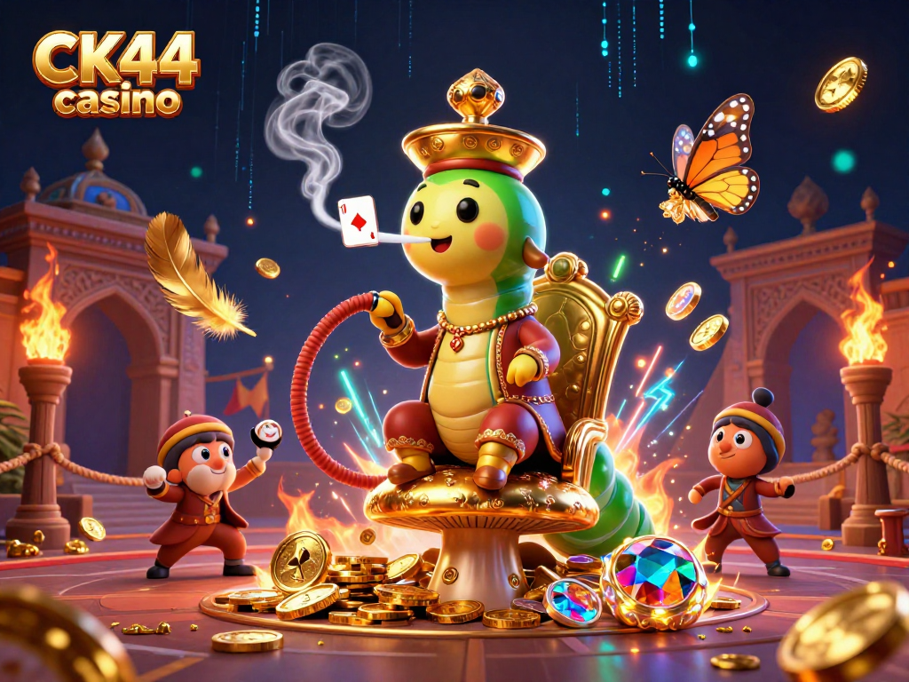 Engage in CK44 casino's vibrant gaming world with a dynamic 3D illustration of a caterpillar hookah-master.