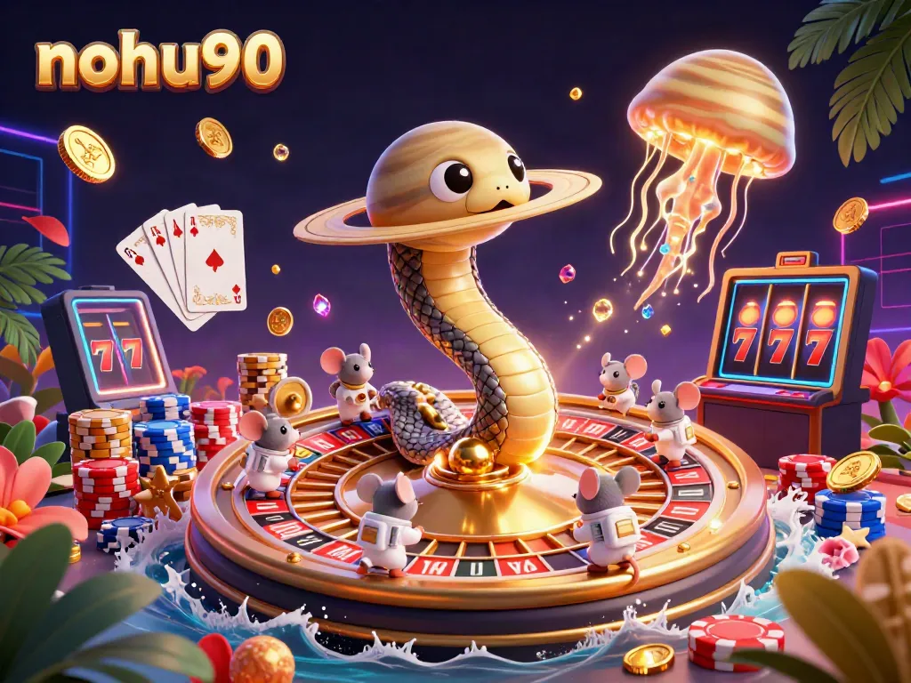 Join the betting excitement at nohu90 with a cosmic casino scene filled with colorful characters and dazzling gameplay.