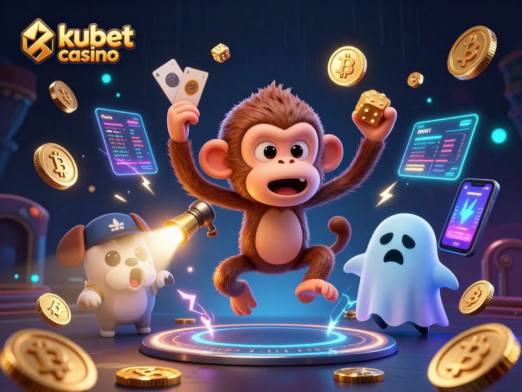 Experience the magical thrills at kubet casino in this lively haunted scene featuring playful characters and crypto elements.