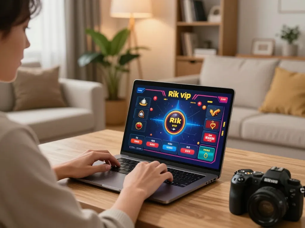 Playing rik vip online casino game on a stylish laptop with a cozy home setup.