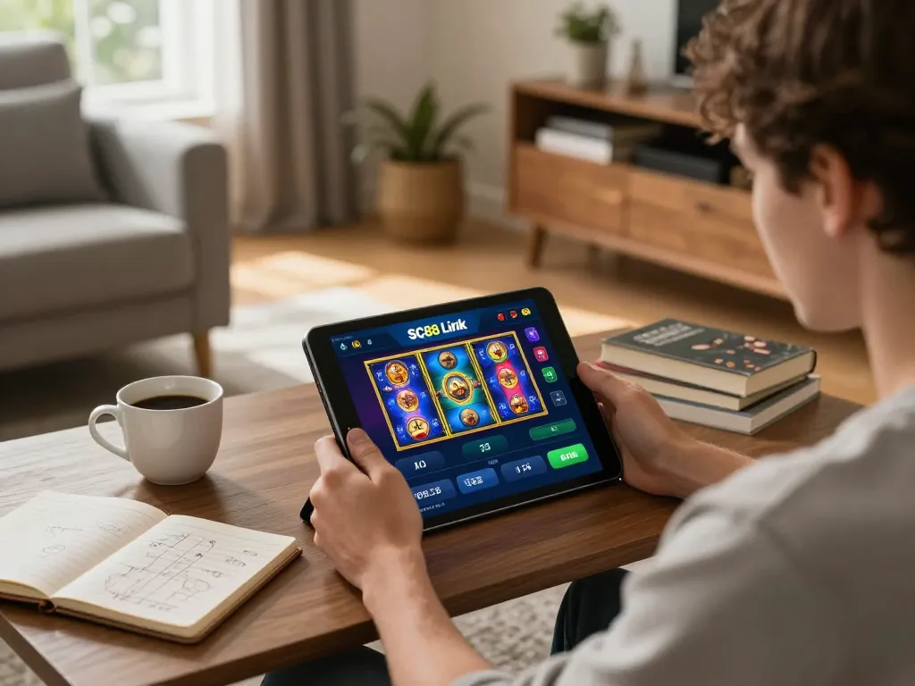 Engaging gameplay on SC88 Link, showcasing vibrant online slots in a cozy home setting.