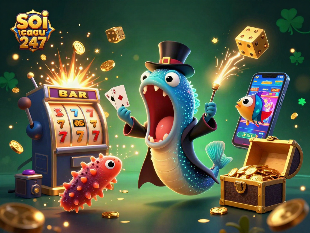 Soi cau 247 showcases a vibrant scene with a deep-sea eel magician performing exciting card tricks amid a jackpot explosion.