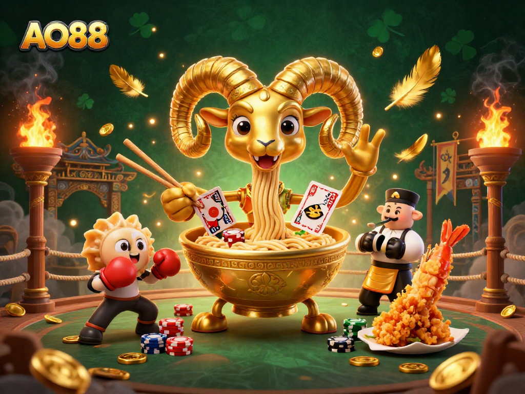 Engage in thrilling betting with AO88 as a golden ramen bowl character deals cards in a dynamic casino scene.