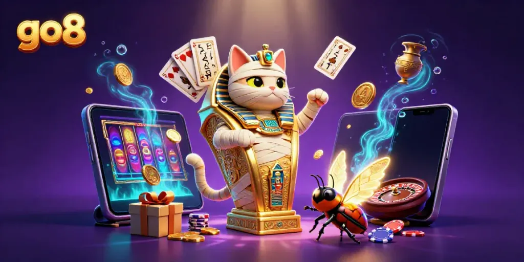 Spin to win at go8 with a vibrant scene of an Egyptian mummy cat in a pyramid casino