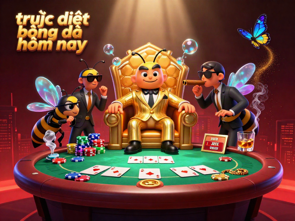 Bet on trực tiếp bóng đá hôm nay with a bumblebee mob boss scene filled with poker fun and sports elements.