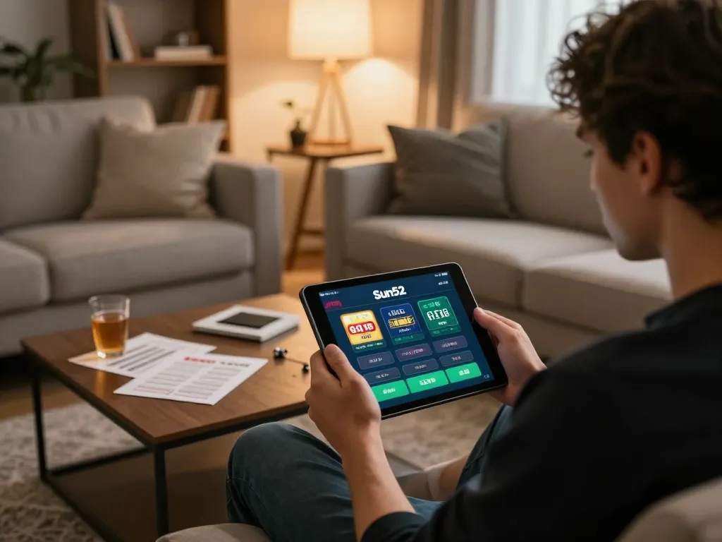 Tải Sun52 and enjoy online gambling excitement in a cozy home setting with the app on display.