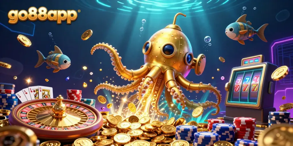 Engage in thrilling adventures with go88app as the golden kraken submarine surfaces in a sea of riches, vibrant coins and gems.