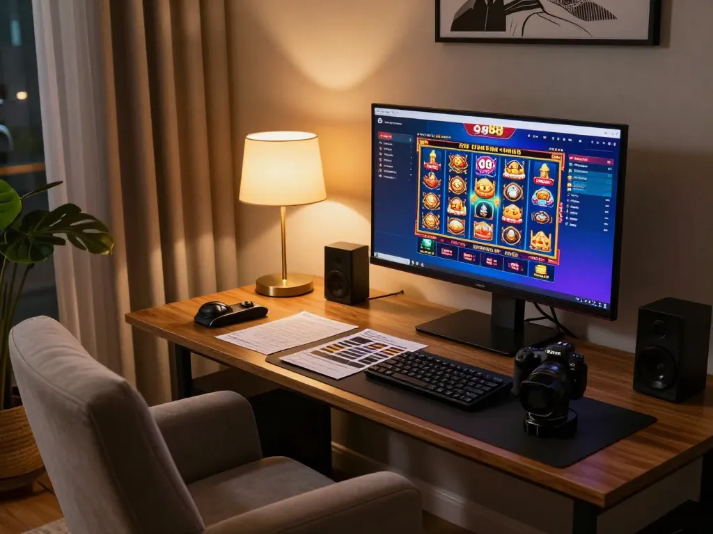 Players enjoying gg88 online casino games in a stylish home setup with a vibrant screen display.
