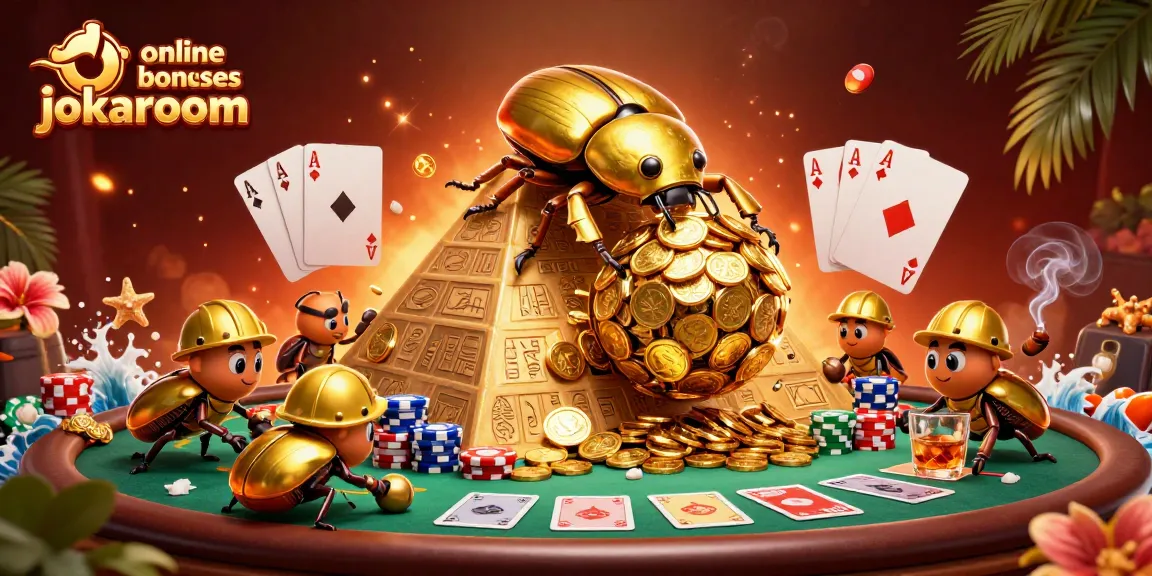 Engage with online casino bonuses jokaroom featuring animated beetles rolling golden coins in a vivid casino scene.
