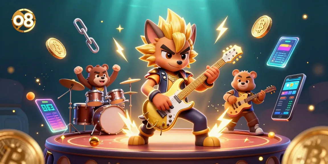 Experience the thrilling energy of o8 as a rock star wolf electrifies the casino stage amidst vibrant crypto elements.