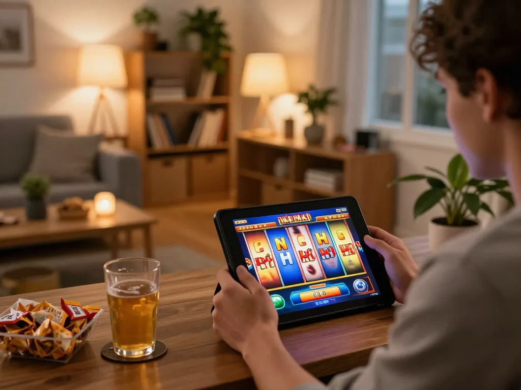 Engaging in nổ hũ gameplay on a tablet, showcasing a colorful online casino experience at home.
