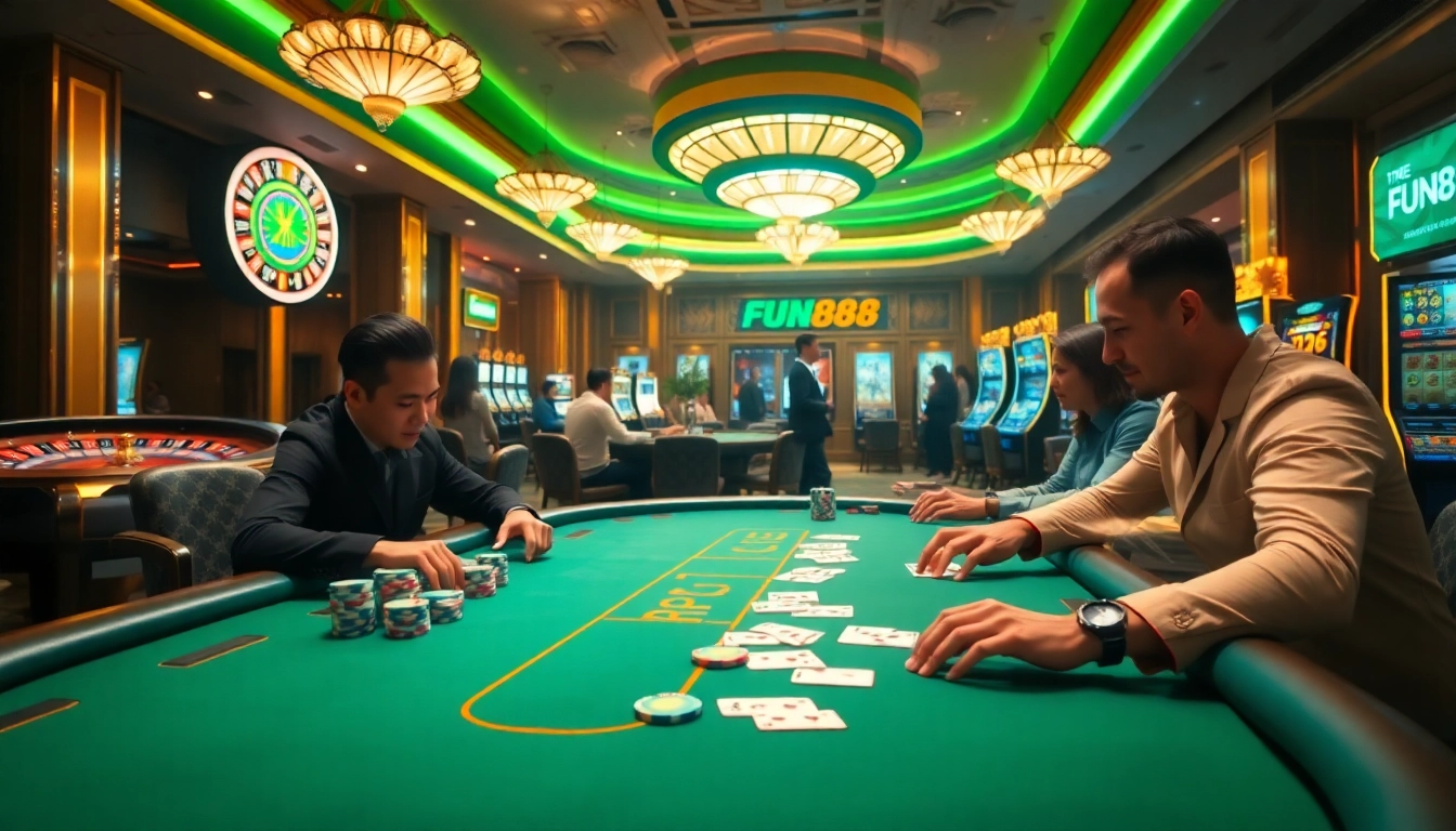 Exciting FUN88 đăng nhập scene with poker players and casino elements in a luxurious setting.