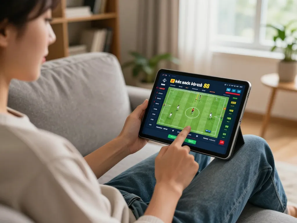 Kèo nhà cái 88 displayed on a tablet as a person engages in online sports betting at home