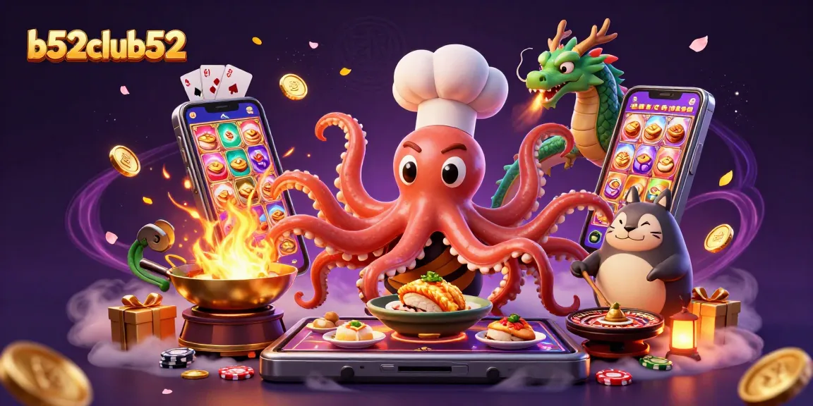 Engage in exciting gameplay at b52club52 with a vibrant scene of our sushi chef octopus and dragon companion.