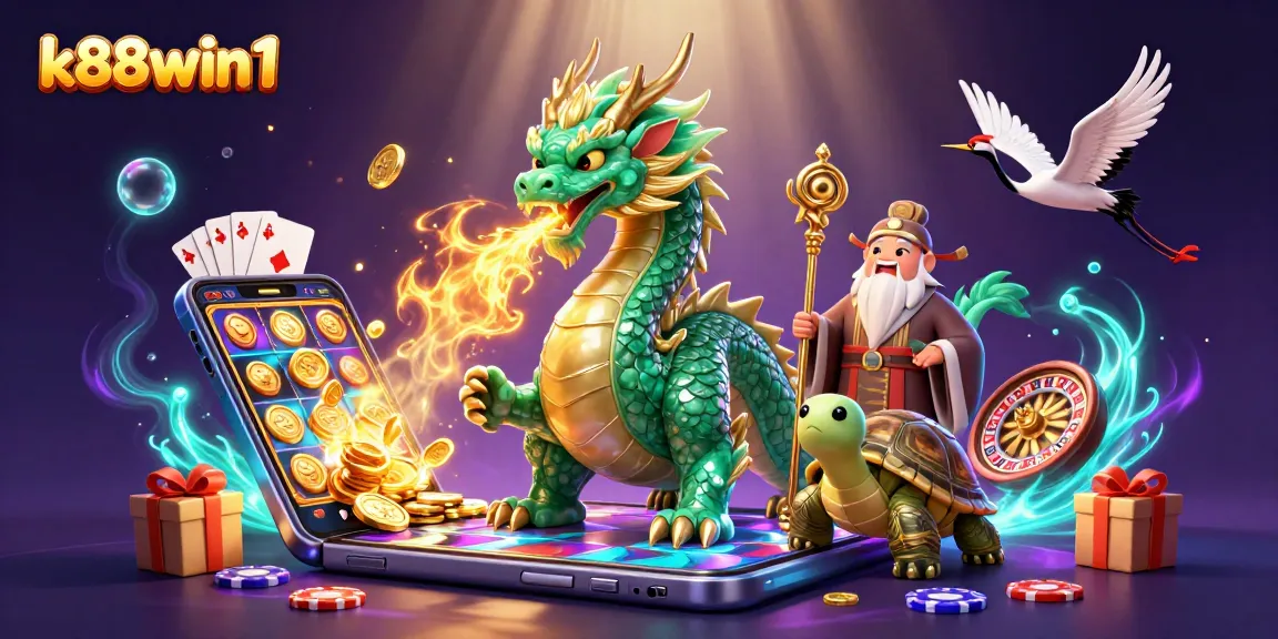 Play thrilling games at k88win1 with a mesmerizing jade dragon and lucky cranes, surrounded by dynamic casino elements.
