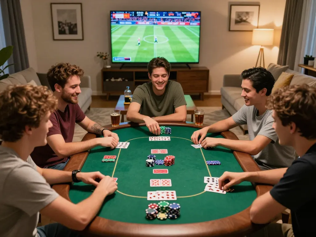 CakhiaTV enthusiasts enjoy a lively home poker game while watching a live soccer match on screen.