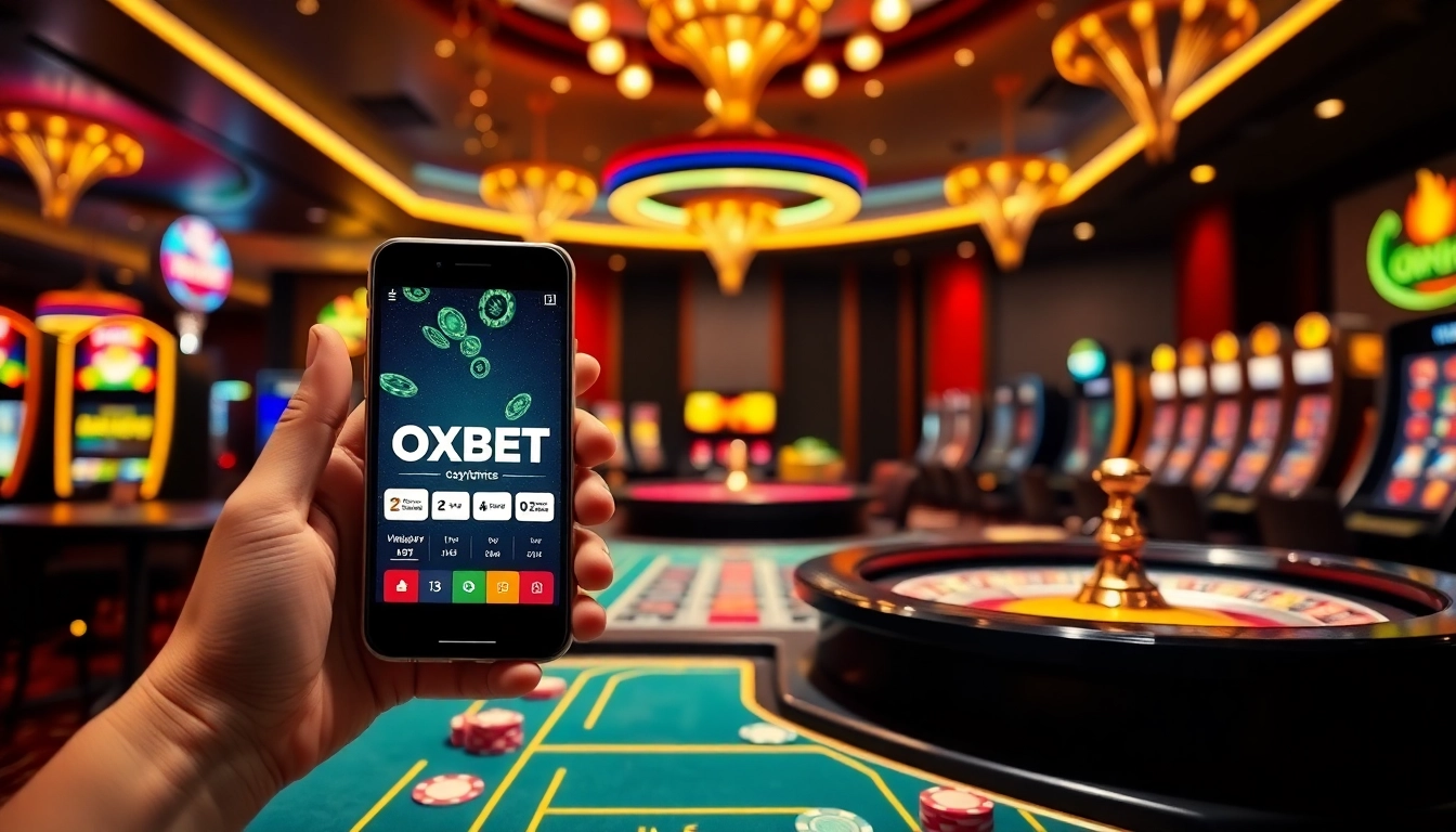 Experience exciting gameplay with the OXBET App showcased amidst vibrant casino elements and digital interfaces.