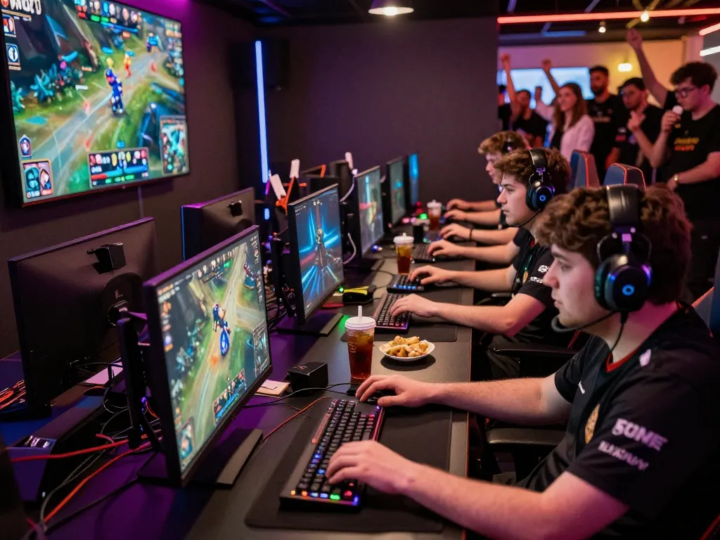 Competitive players engaged in Onbet LOL gaming match in lively esports lounge.