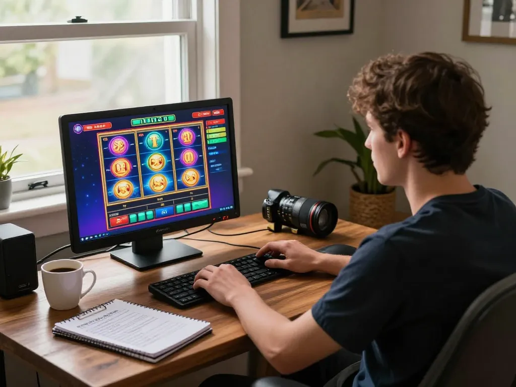 Player engaging with slot machine game on 12bet website, showcasing a cozy gaming atmosphere.
