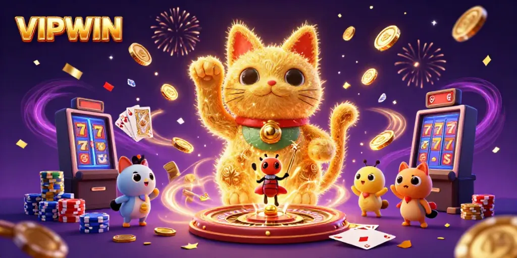 Experience winning vibes at VIPWIN with a festive golden lucky cat and dynamic casino elements.
