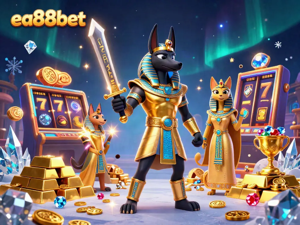 ea88bet showcases thrilling gameplay with Anubis and Bastet in a vibrant 3D casino world.