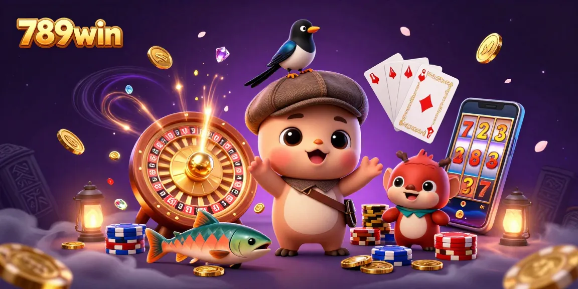Experience the excitement of 789win with vibrant 3D casino characters amidst cascading coins and game elements.