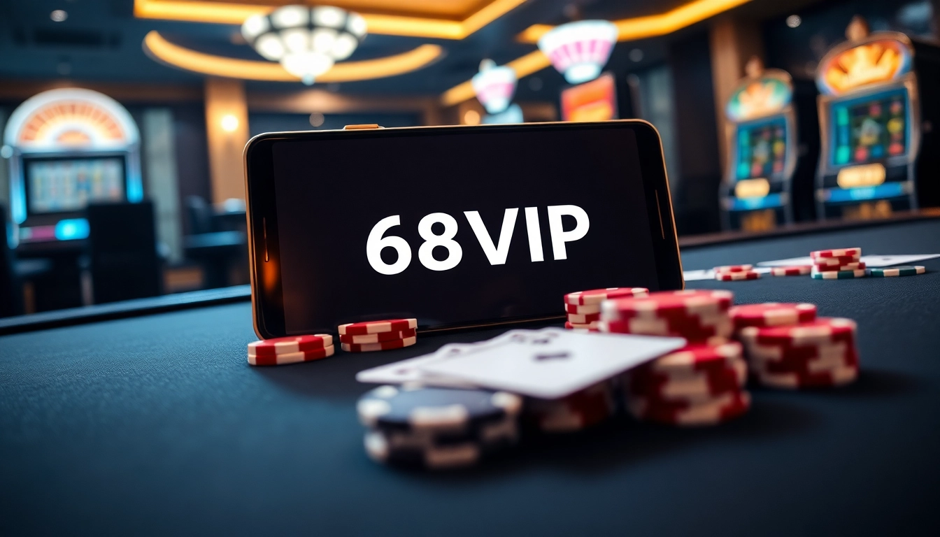 Tải App Nhà Cái 68VIP on a luxury-themed gaming interface showcasing casino elements.