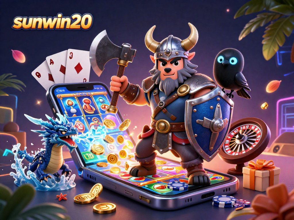Play exciting slot games with sunwin20 in an ultra-detailed 3D casino illustration featuring vibrant characters and elements.