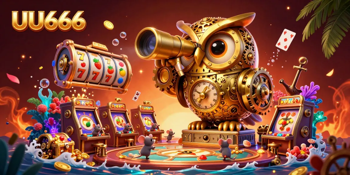 Win big at UU666 with a clockwork golden owl, vibrant slots, and underwater treasures in a detailed casino scene.
