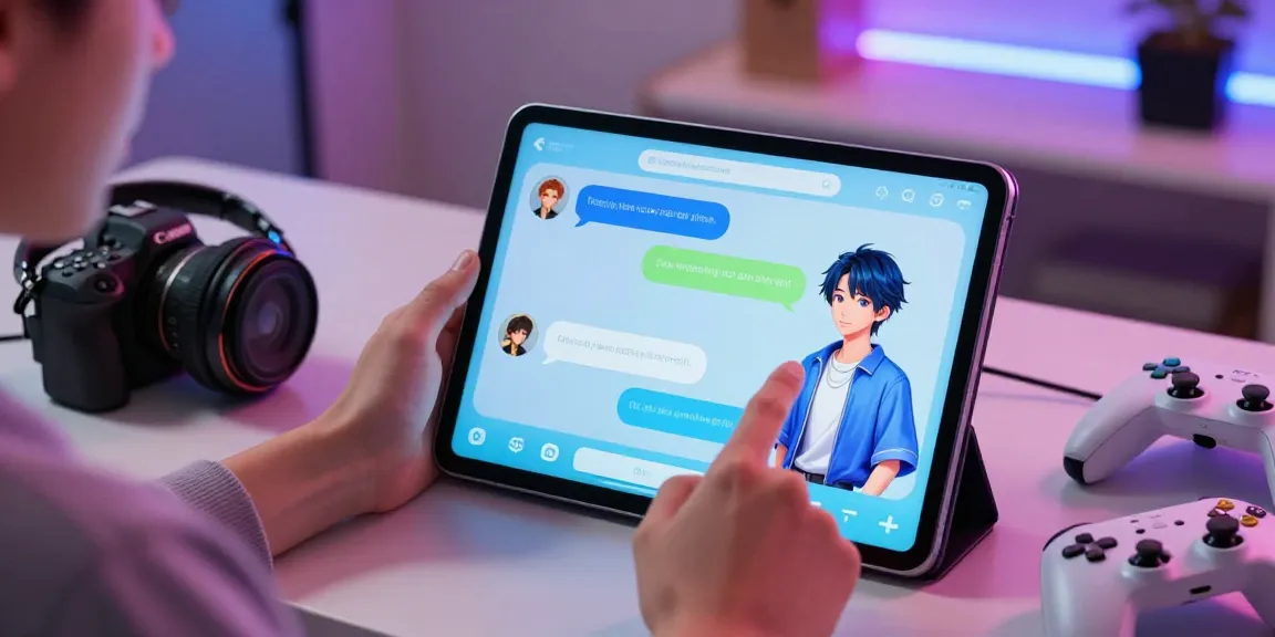 Engaging with AI ecchi chat character on a tablet in a modern room
