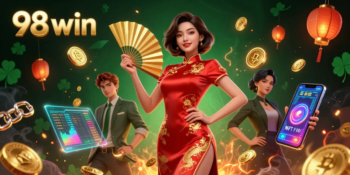 Experience thrilling gaming action at 98 win, highlighted by a confident woman in a traditional outfit amidst floating coin motifs.