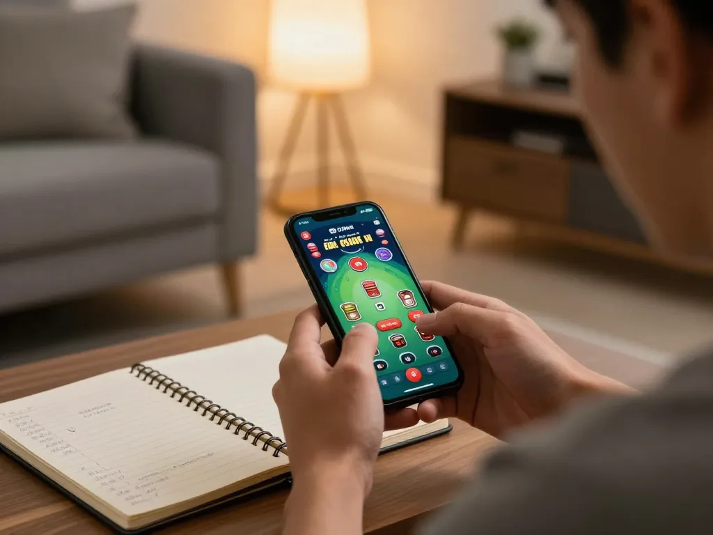 Engaged player using top game bài đổi thưởng app for online poker session illuminated by warm home lighting