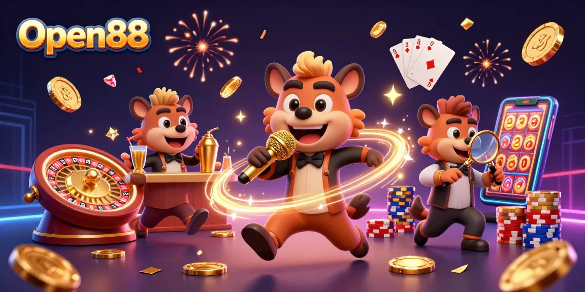 Open88 hyena casino club buzzing with excitement, featuring vibrant game elements and dynamic characters.