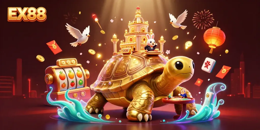 Witness the excitement of the EX88 online casino with a golden tortoise, rabbit dealer, and festive game elements.