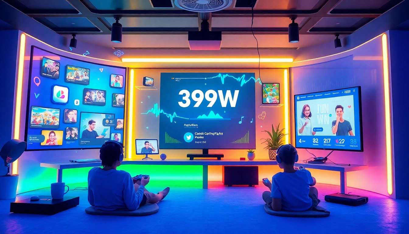 Interactive gaming platform 399W showcasing casual games and playlists in a vibrant digital interface.