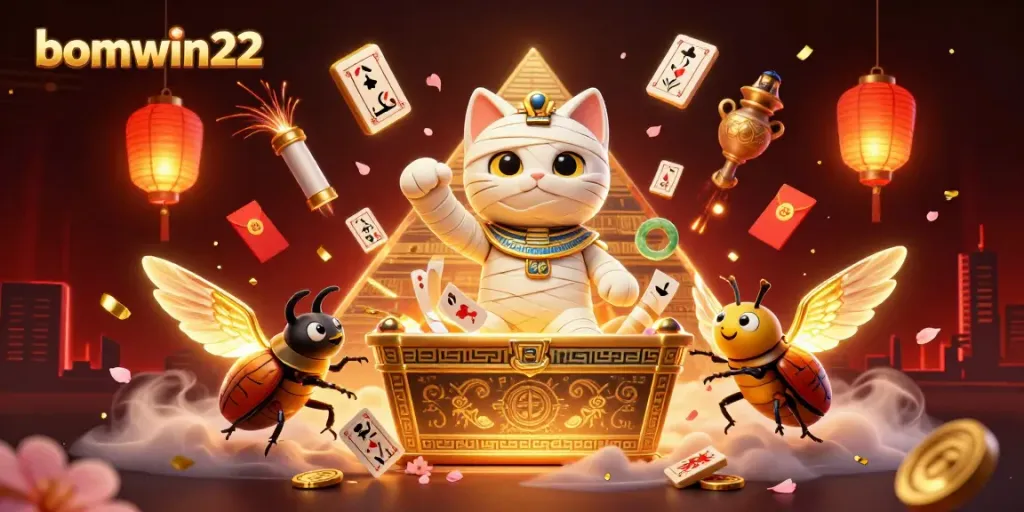 Engage with bomwin22's vibrant casino theme featuring a cartoon mummy cat and treasures.