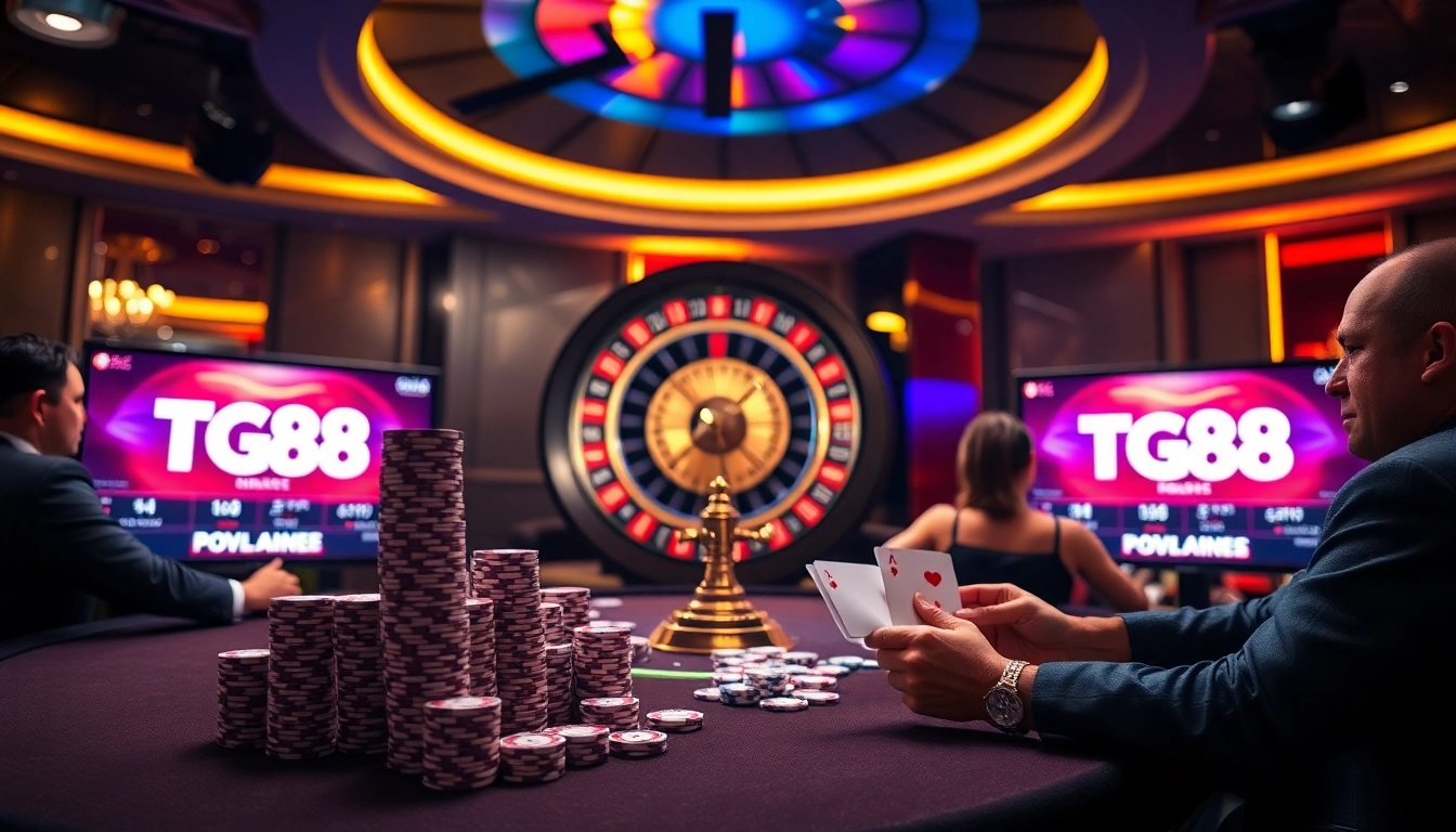 Experience the excitement of casino gaming at TG88 with poker chips and a roulette wheel.