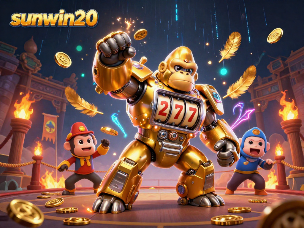 Experience excitement at sunwin20 with a golden gorilla mech and slot machine elements in a vibrant casino arena.