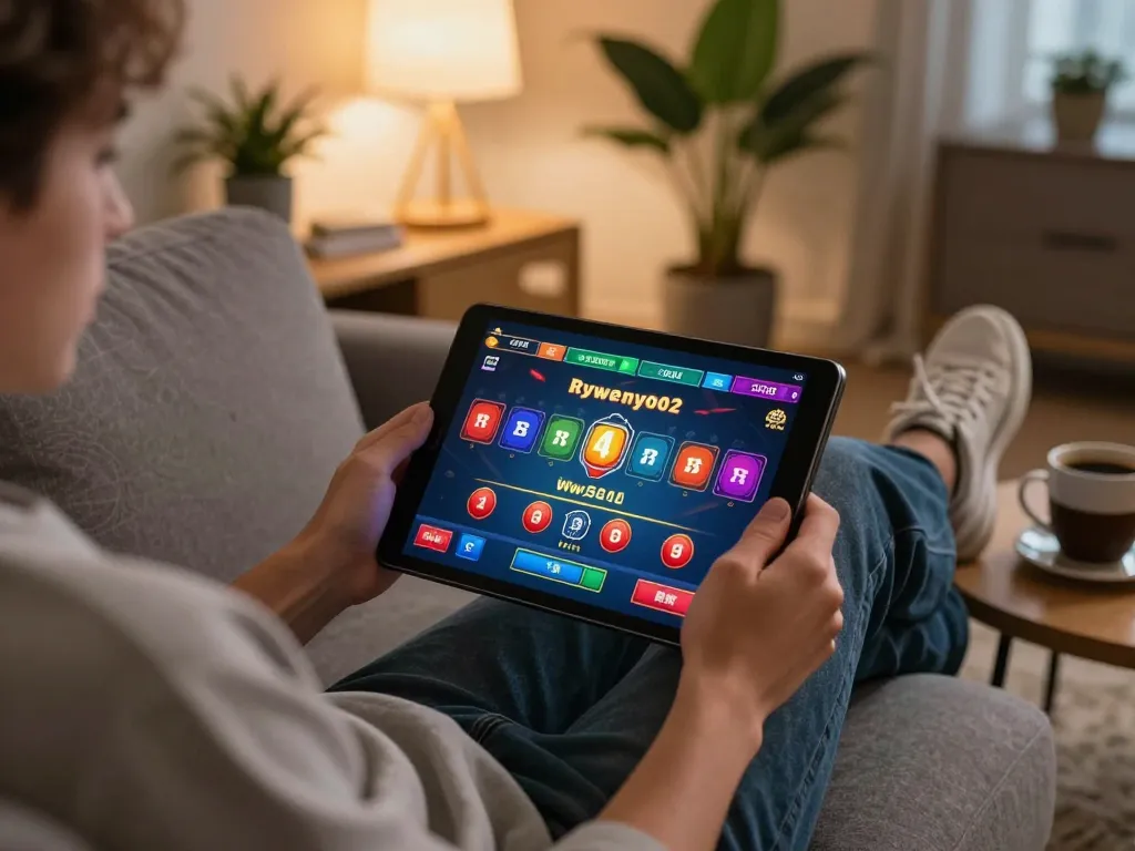 Pemain menikmati Baccarat dealer langsung di hwg500 menggunakan tablet modern di ruang tamu yang nyaman