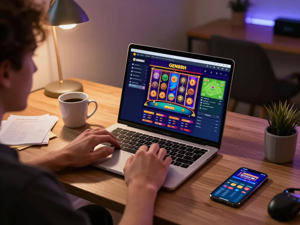 Player engaging with GEN88H casino interface on laptop, enhancing online gambling experience.