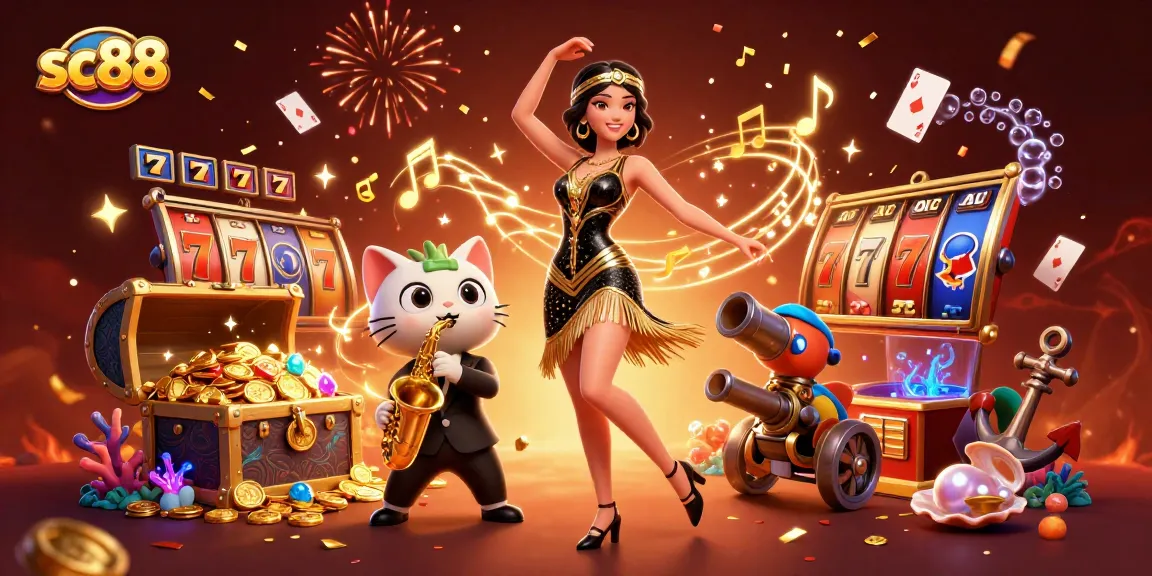 Win big at sc88 with a vibrant 3D illustration showcasing a dancing woman, saxophone cat, and abundant slot game elements.