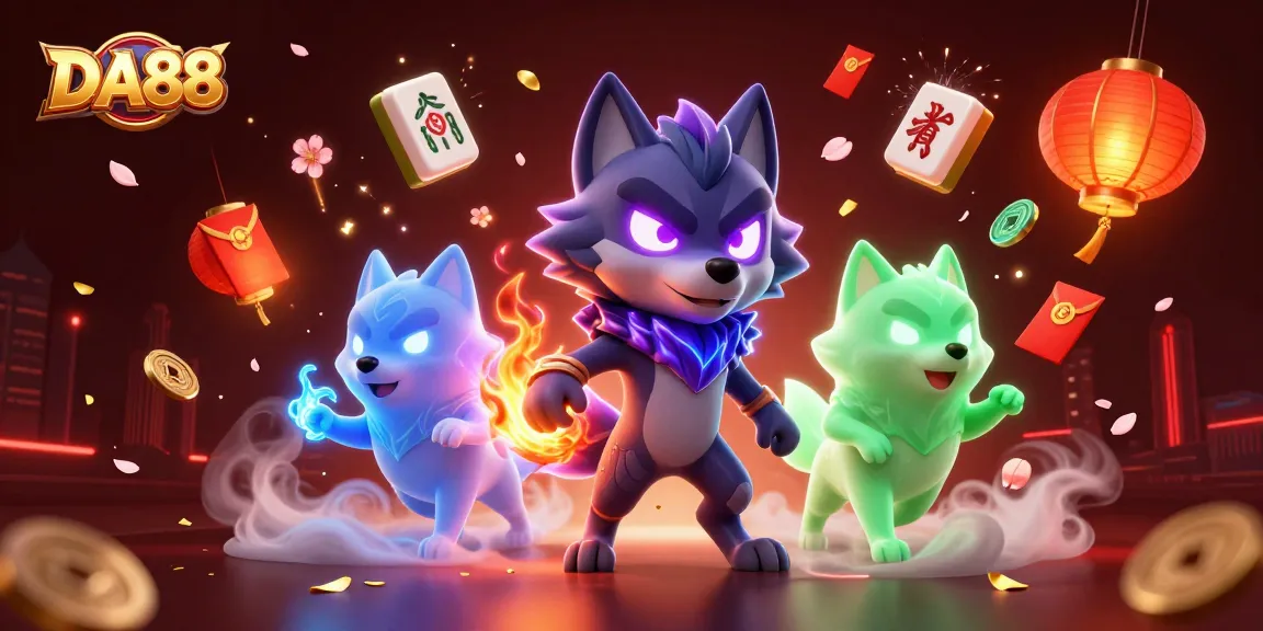 Experience the thrill of DA88 with dynamic casino elements and ghostly wolves in a dazzling 3D illustration.