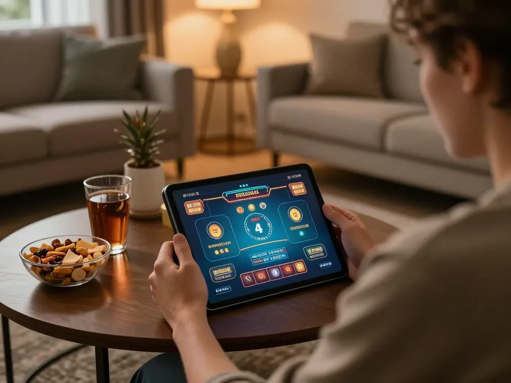 MISO88 player engaging with online casino on tablet, enjoying a cozy gaming atmosphere.