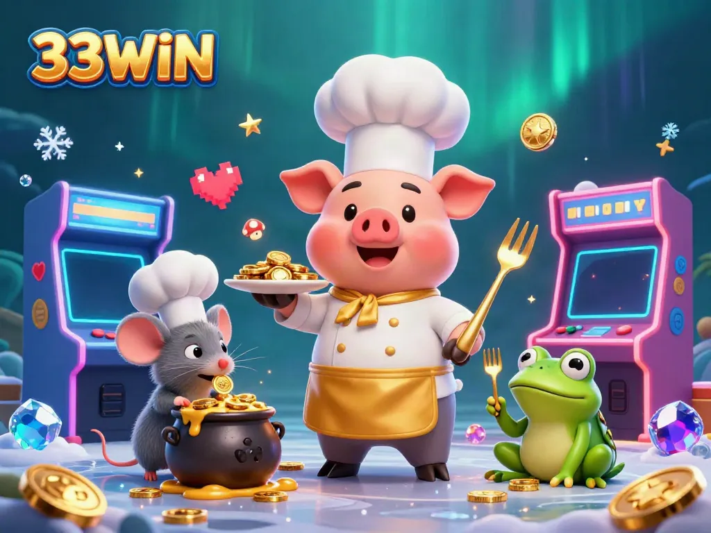 Experience the thrill of gambling with 33WIN, featuring a whimsical chef pig serving gold coins in a lively casino