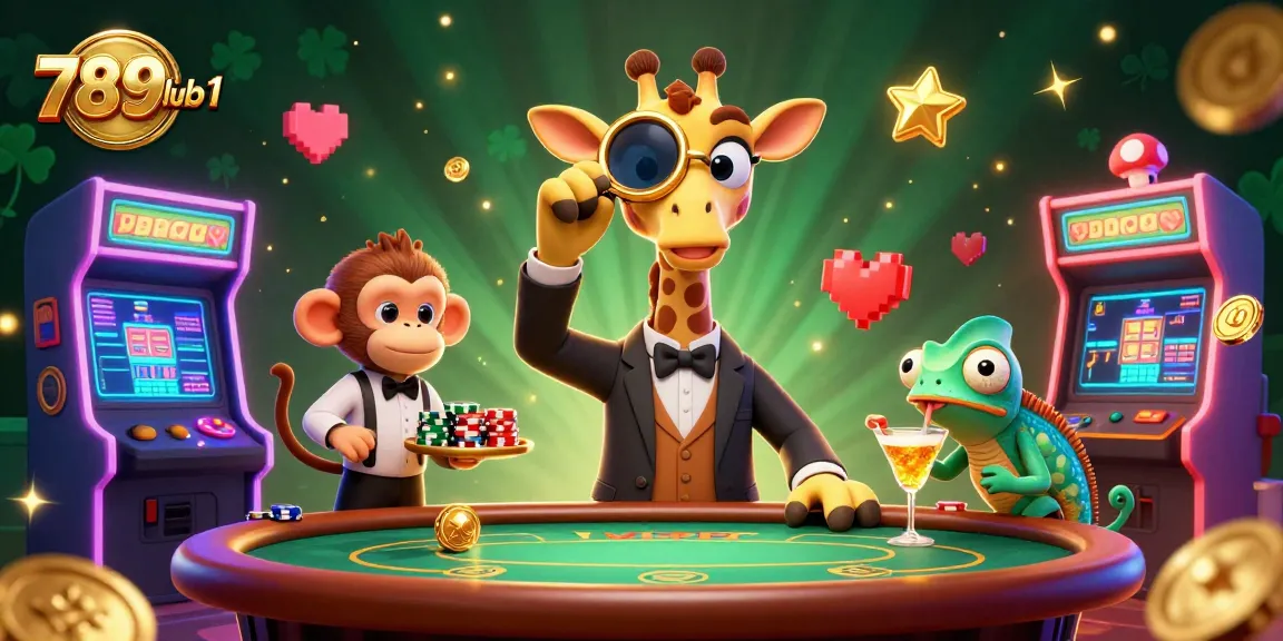 The vibrant 789clubv1 casino illustration showcases a giraffe in a suit at a poker table with a monkey valet and chameleon bartender.