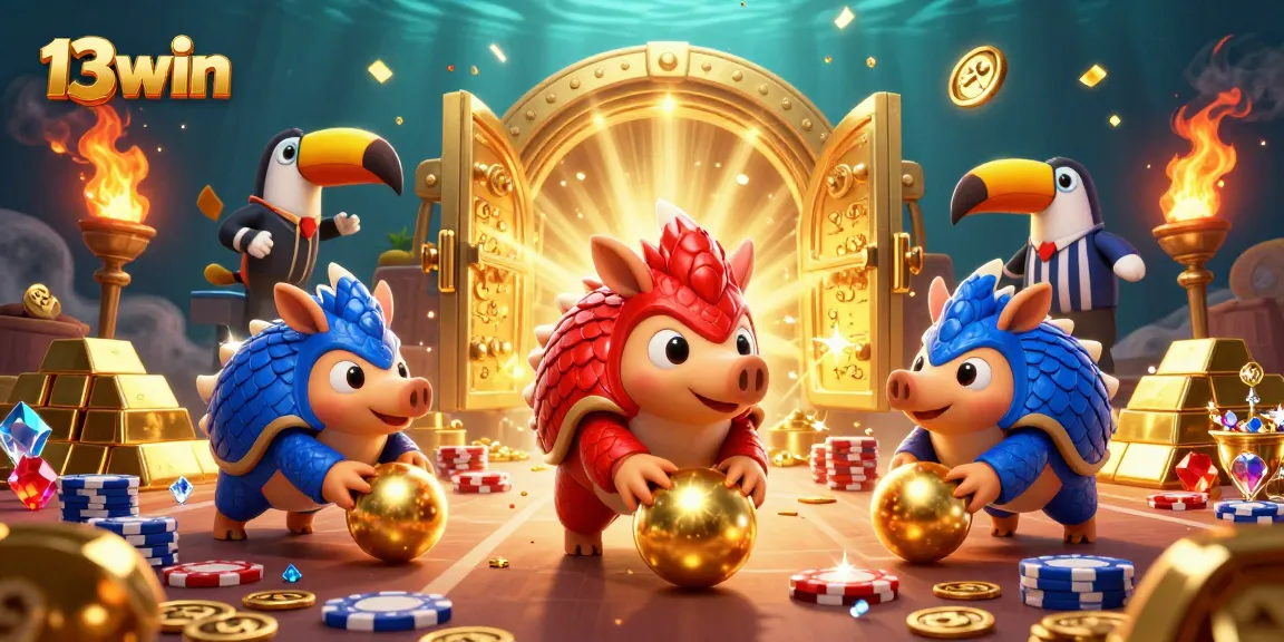 Experience thrilling gameplay at 13win as pangolins roll golden jackpots into poker chips in a vibrant casino illustration.