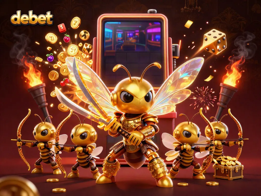 Experience thrilling casino excitement at debet with golden hornet samurai, slot machine, and festive elements.