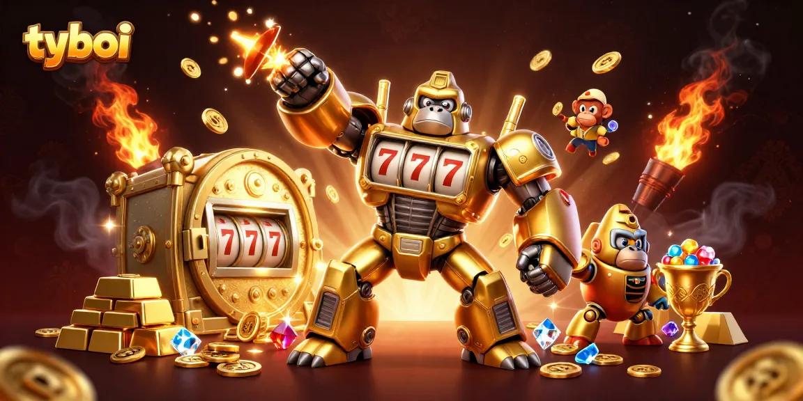 Experience thrilling wins at tyboi with vibrant 3D gorilla mech surrounded by gold and jewels.