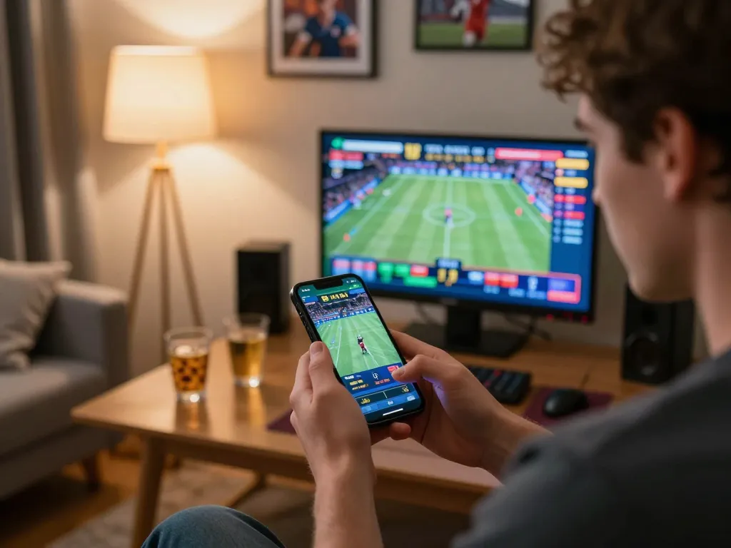 Player engaging in online sports betting with okfun app on a smartphone in a cozy environment.